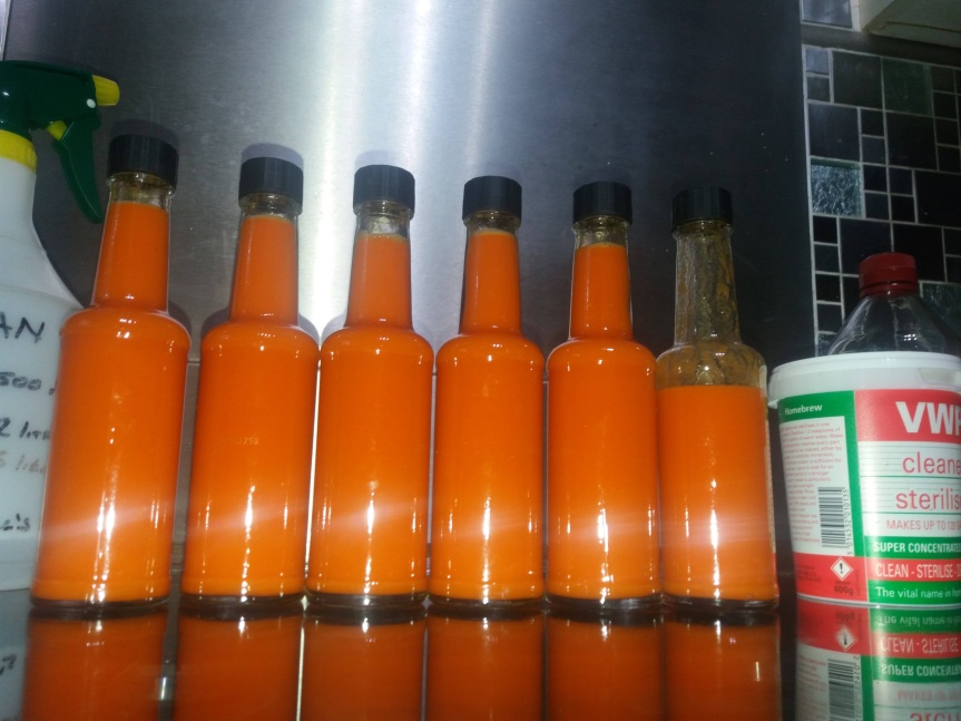 Mostly Tabasco, fermented and cooked HOT Sauce.